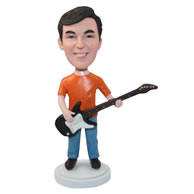 Personalized custom guitarist in a orange t-shirt bobbleheads