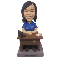 Personalized office lady wearing uniform sit at table bobbleheads