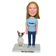 Woman in blue shirt with her pet dog bobblehead