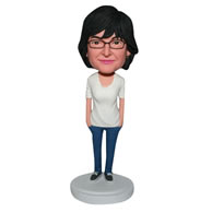 Glasses woman in white T-shirt matching with jeans custom bobblehead