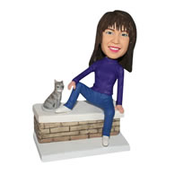 Woman in purple T-shirt with her pet cat custom bobblehead