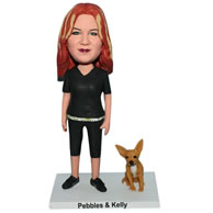 Custom red hair woman in black suit with her pet dog bobblehead