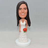 Custom wedding gift happy bridesmaid bobblehead with white wedding dress and red flowers