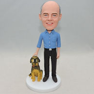 Personalized birthday gift blue shirt father bobblehead with a brown dog