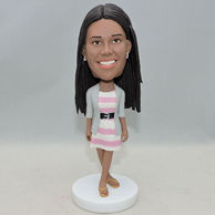 Fashion girl bobblehead with pink and white stripe skirt