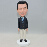 Personalized man bobblehead with blue and black stripe tie