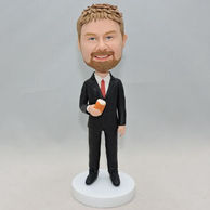 Western-style clothes men bobblehead with a cup of tea on his hand