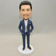 Custom men bobblehead wear blue suit and with his hands in pocket