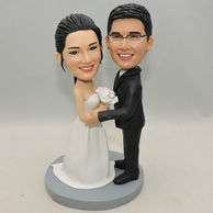 Personalized Wedding Bobbleheads in black suit and white dress