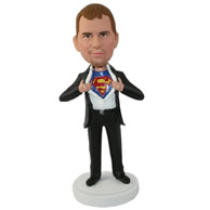 Custom special man in black suit underneath supermen shirt holding the superman logo out bobble heads