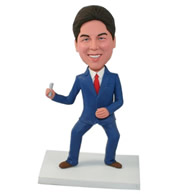 Custom funny men in navy blue business suitwith red tie hands waving towards to right of body bobble heads