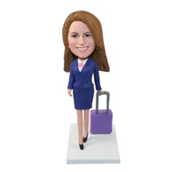 Custom outstanding airline stewardess in blue dress suit dragging suitcase bobble heads