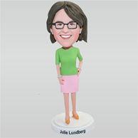 Tall woman in green T-shirt matching with a pink skirt custom bobbleheads
