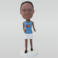 Woman in blue vest matching with white shorts custom bobbleheads