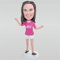 Woman in rose shirt matching with white shorts custom bobbleheads