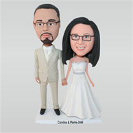 Glasses groom in beige suit and bride in white wedding dress custom bobbleheads