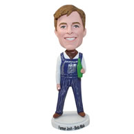 Custom farmer wear suspender with a bottle of beer in hand bobblehead