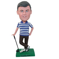 Custom golf player in a white and blue polo shirt bobbleheads