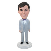 Personalized custom man in a silvery suit bobbleheads