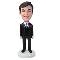 Personalized custom man in a black suit and purple tie bobbleheads