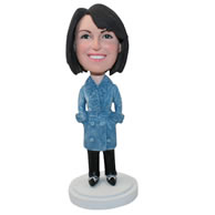 Personalized custom woman in a winter overcoat bobbleheads