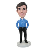 Personalized custom man in light blue shirt bobbleheads doll