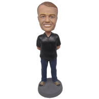 Personalized man in black polo shirt and blue jeans bobbleheads