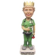 Personalized custom nurse wearing crown dressed in green uniform bobbleheads