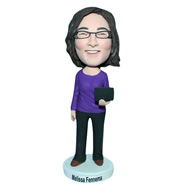 Glasses woman in purple T-shirt handing a laptop custom bobblehead