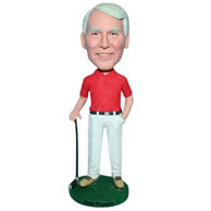 Man in red T-shirt handing a golf club custom bobblehead