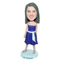 Long hair bridesmaid in blue dress custom bobblehead