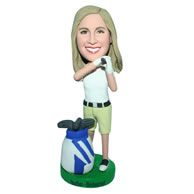 Yellow hair golf player in white T-shirt matching with green shorts custom bobblehead