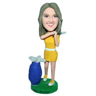 Beautiful woman in yellow dress playing golf custom bobblehead