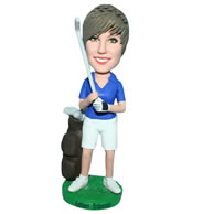 Male golf player in blue T-shirt matching with white shorts bobblehead