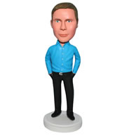 Man in blue T-shirt matching with black pants bobblehead