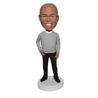 Glasses man in grey sweater matching with black pants bobblehead