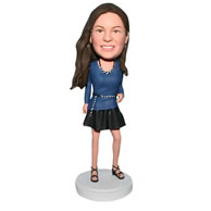 Long hair beautiful woman in blue dress bobblehead