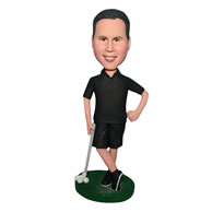 Man in black sports wear playing golf bobblehead