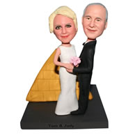 Groom in beige suit and bride in white wedding dress bobblehead