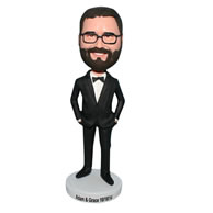 Groomsman in black suit matching with bowknot tie bobblehead