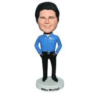 Man in blue T-shirt matching with black pants bobblehead