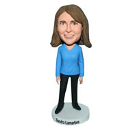 Free woman in blue T-shirt matching with black pants bobblehead