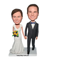 Groom in black suit and bride in white wedding dress bobblehead