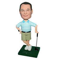 Golf player in blue shirt matching with pants bobblehead