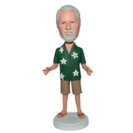 Old man in green shirt matching with shorts bobblehead