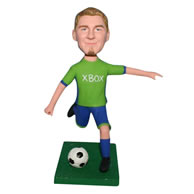 Custom man bobblehead in green sports wear playing soccer