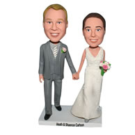 Groom in grey suit and bride in white wedding dress custom bobblehead