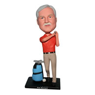 Man in orange shirt playing golf custom bobblehead