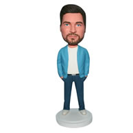 Man in white T-shirt matching with a blue coat custom bobblehead