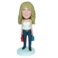 Long yellow hair woman handing bags custom bobblehead